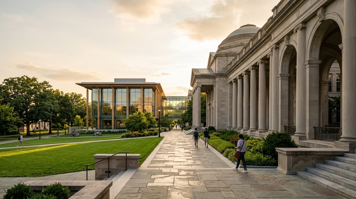 NextGate Signature Architecture — Prestigious international university campus colonnade during golden hour